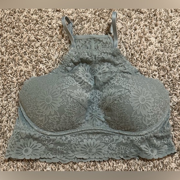 PINK Victoria's Secret Other - PINK Victoria’s Secret High Neck Push Up Floral Lace Bralette Sage Green Size S